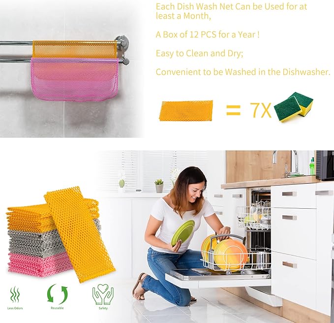 12Pcs Dish Wash Net,Innovative Mesh Cloth,Ultra Non-Scratch Dish Rags for Washing Dishes,100% No Odor/Quick Dry,Perfect Scrubber,Dish Sponges for Washing Dishes Yellow/Pink/Gray