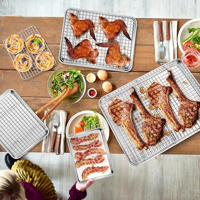 P&P CHEF 16 + 12.5 + 10.4 + 9 Inch Baking Sheet and Rack Set, Stainless Steel Cookie Sheets Oven Baking Pans Trays with Cooling Racks for Cooking & Roasting, Oven & Dishwasher Safe, (8Pcs)