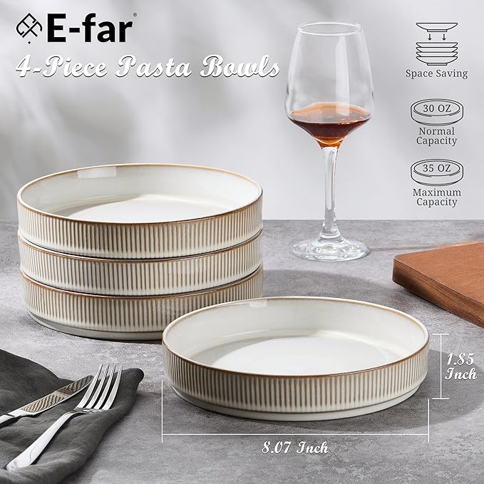 E-far Pasta Bowls Set of 4, 35oz Large Salad Bowl Plate for Dinner Serving Soup, Wide & Shallow Ceramic Stoneware Pasta Plates, Microwave & Dishwasher Safe, Reactive Glaze Texture-Stripe, Creamy Beige