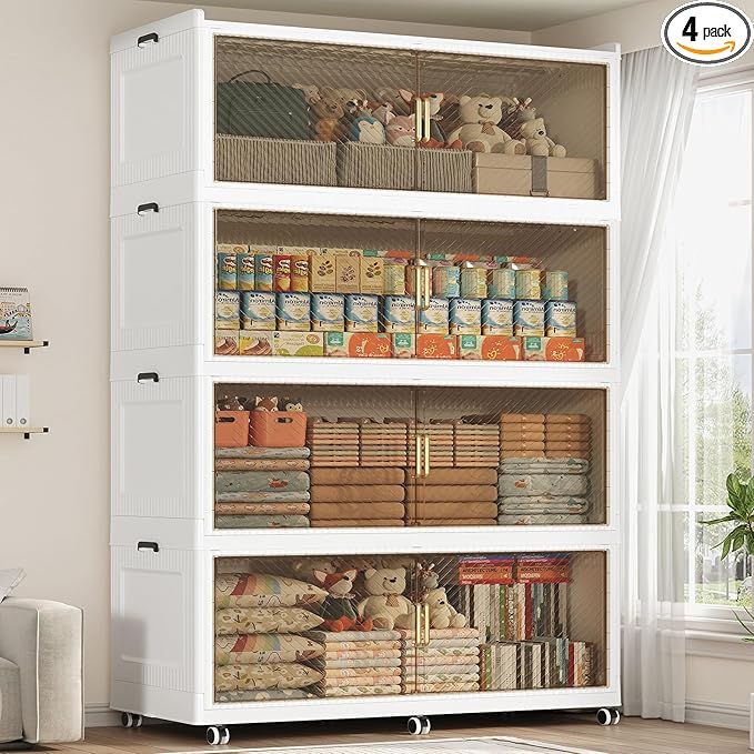 320GAL Extra Large Storage Bins with Lid, 1280QT Plastic Stackable Storage Bins with 6x Wheels, Collapsible Closet Organizer and Storage Drawer Cabinet for Living Room Office Dorm, 4Pack White