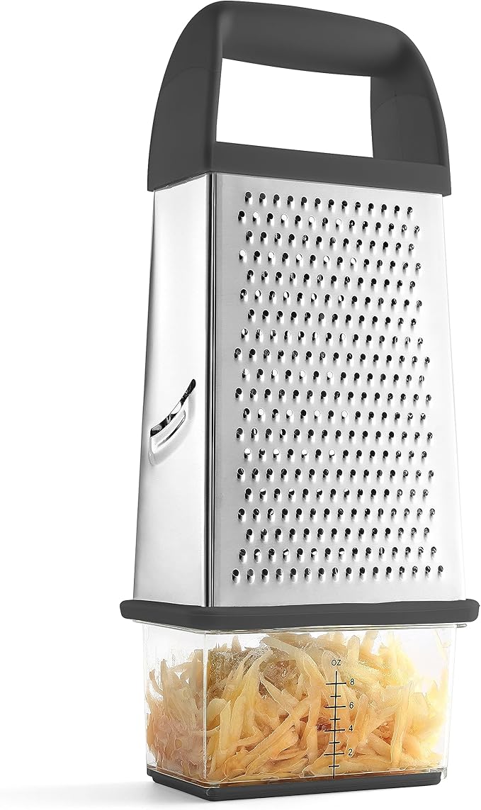 Spring Chef Professional Gray 10" Parmesan Cheese Grater With Container, Stainless Steel & Soft Grip Handle, 4 Sided Kitchen Carrot Shredder, Handheld Box Grater for Potato, Veggie, Ginger, Hashbrown