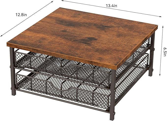 Coffee Pod Drawer K Cups Organizer 2-Tier Coffee Pod Storage Holder with Drawer Baskets 72 Capacity Coffee Capsule Storage Organizer Drawer, Industrial Brown and Bronze