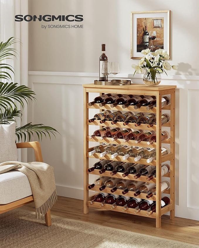 SONGMICS 42-Bottle Wine Rack Free Standing Floor, 7-Tier Display Wine Storage Shelves with Table Top, Bamboo Wobble-Free Bottle Holder for Kitchen Bar Dining Room Living Room, Natural UKWR27NL