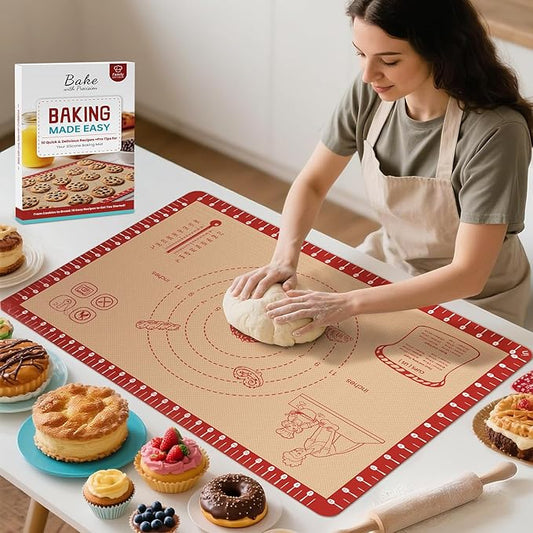 Silicone Baking Mat with Recipes, Extra Thick Silicone Mats for Baking, Non Stick Pastry Mat for Rolling Dough, Silicone Macaron Baking Mat for Cookie,Bread,Pizza,Fondant Mat, Oven&Dishwasher Safe