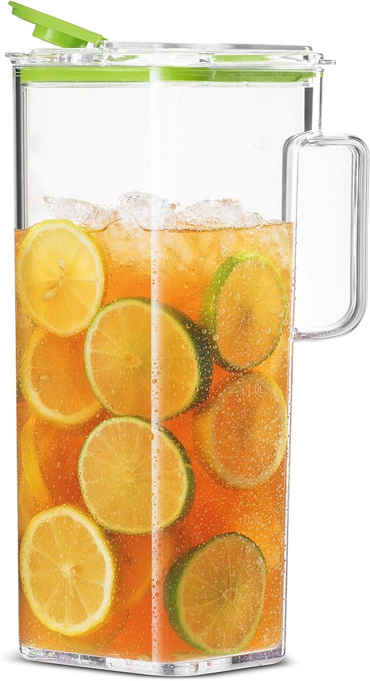 Komax Large Plastic Water Pitcher with Lid Square Water Carafe – BPA-Free, Dishwasher Safe – Water, Tea, or Juice Containers with Lids for Fridge (2.3 Liters)