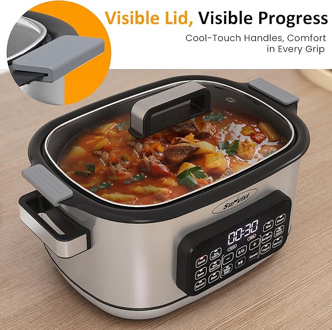Sunvivi 12-in-1 Multi Slow Cooker Roaster Oven, 6.5QT Sliver Digital Programmable Slow Cooker with Rack, Large Removable Nonstick Crock, Glass Lid, Multicooker with Timer Temp Control, Delay Start