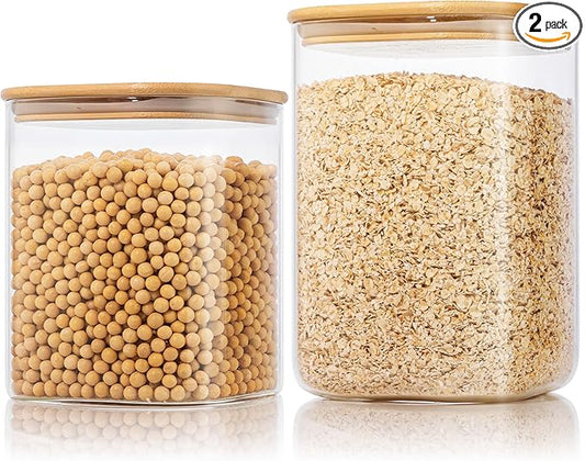 Extra Large Square Glass Flour & Sugar Storage Containers with Airtight Lids, 132 floz & 63 floz - 2 Pack Glass Jars with Bamboo Lids, Air tight Food Storage Containers for Cereal, Pasta, Rice