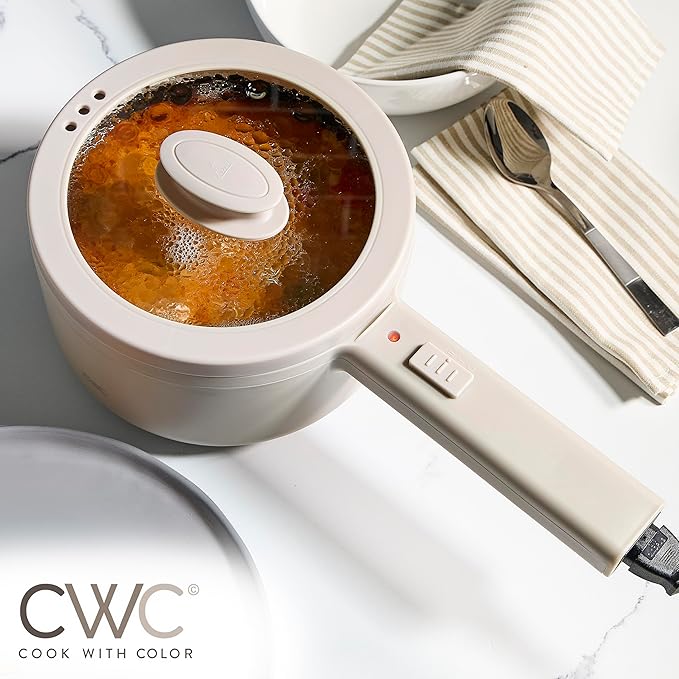 COOK WITH COLOR Electric Hot Pot, 1.6L Mini Cooker, 700W Power, Non-Stick Surface, Thermal Cut-Out Protection, Perfect for Rice, Noodles, Soups, Stews, Dorms, Apartments, and Small Kitchens, Greige