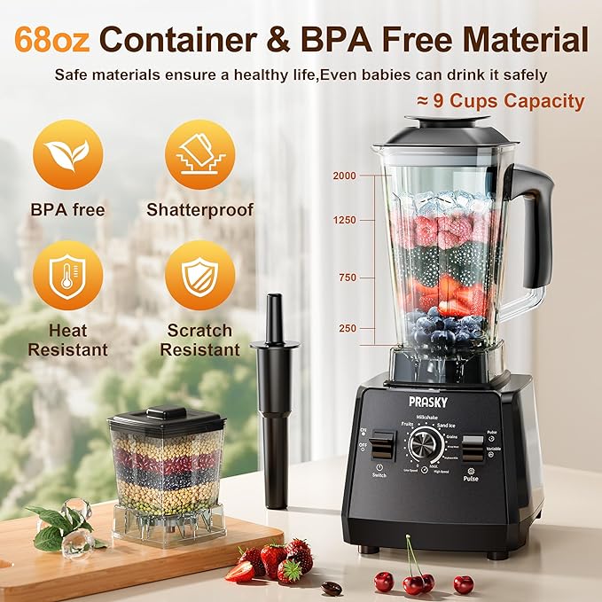 Professional Blender,Smoothies Blenders, PRASKY Max.2400Watts/1000Watts Blender and Grinder Combo 25000RPM Powerful Kitchen 68oz BPA Free 2 Containers Countertop Blenders Ice Crushing, Juice