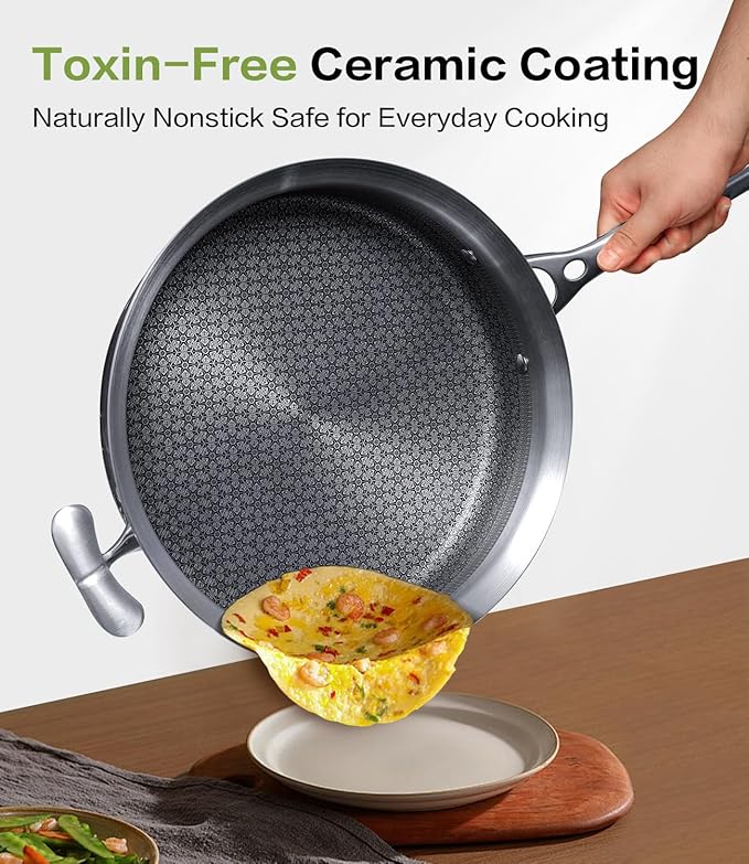 Saute Pan with Lid–12 Inch Deep Frying Pan 5.5qt for Stir-Fry & Searing,5-Ply Stainless Steel Saute Pan Nonstick Non Toxic, PTFE & PFOA Free Non Stick Skillet,Induction, Oven & Dishwasher Safe