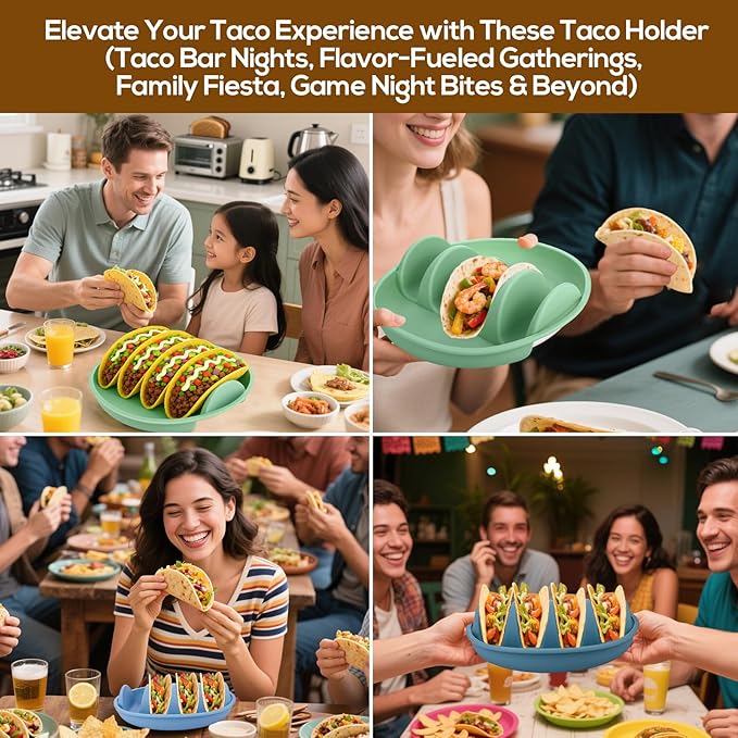 Silicone Taco Holder Plates Set of 3 - Reusable Taco Stand Plates with 4-Shell Slots, Oven/Microwave/Dishwasher Safe, Non-Slip Base for Tortillas Party Serving, Family Dinner & Meal Prep Accessories