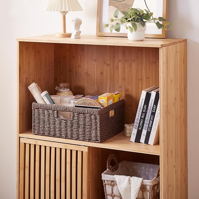 OIAHOMY Wicker Basket, Paper Shelf Basket with Built-in Handles, Rectangular Wicker Storage Bin for Pantry, Shelves, 1 Pack-Brown