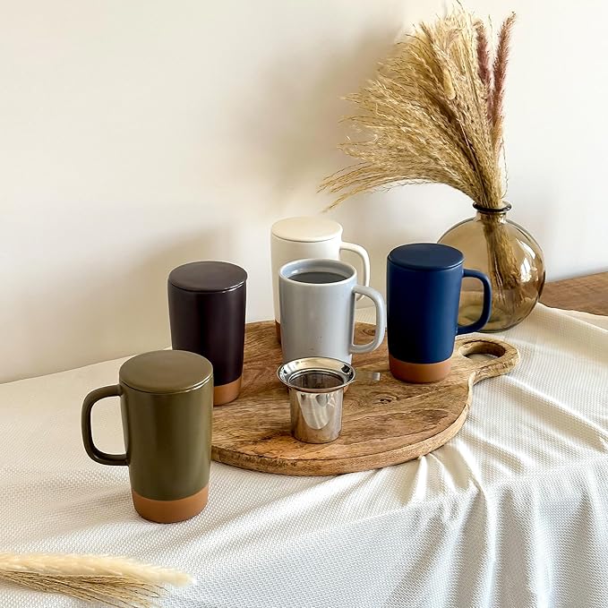 Mora Ceramics Large Tea Mug with Loose Leaf Infuser and Ceramic Lid, 18 oz, Portable, Microwave, Dishwasher Safe, Tall Coffee Cup - Rustic Matte Ceramic Glaze, Modern Herbal Tea Strainer, Nightwaves