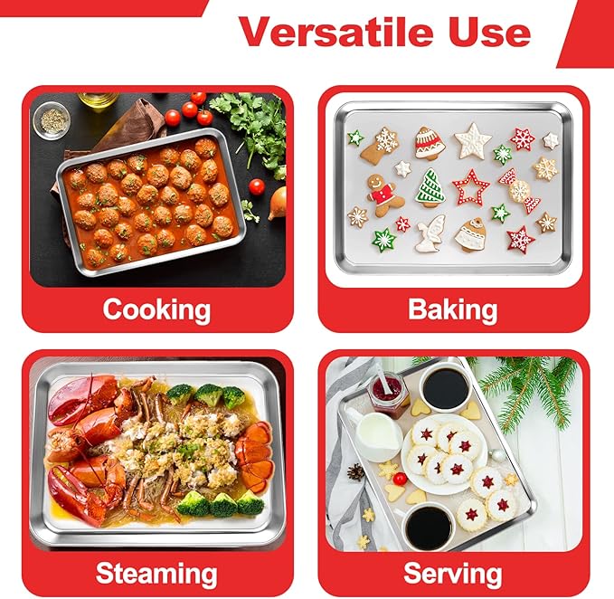 Stainless Steel Baking Sheet Cookie Tray, Cookie Sheet for Toaster Oven Baking Pan Tray, Jelly Roll Pan Size 16 x 12 x 1 Inch Easy Clean & Non-stick & Non-toxic & Dishwasher Safe