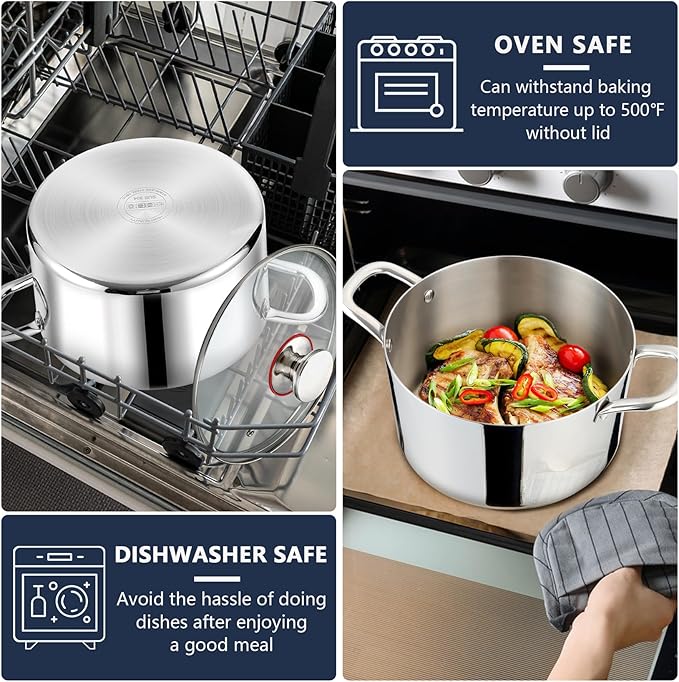 P&P CHEF 6 Quart Tri-Ply Stainless Steel Stock Pot, 6 Qt Stockpot Pasta Cooking Pot with Visible Lid for Soup Vegetable, Induction Cookware for All Stoves, Sturdy & Double Handle, Dishwasher Safe