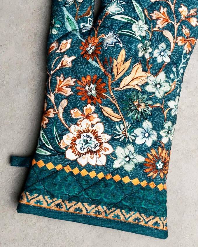 Maison d' Hermine 100% Cotton Oven Mitt & Pot Holder Set (7.5"x13" & 8"x8") Heat Resistant BBQ Cooking Gloves with Loop, Baking, Grilling, Kitchen, Handling Hot Pans (Luxury Loft-Dark Teal)