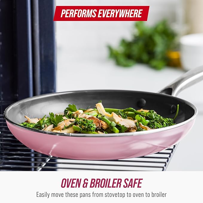 Blue Diamond 8" Nonstick Frying Pan Skillet, Diamond Infused PFAS & PTFE-Free Ceramic Pot, Dishwasher & Oven Safe, Stay Cool Handle, Durable Non Toxic Metal Utensil Safe, Egg & Omelet Pan, Pink