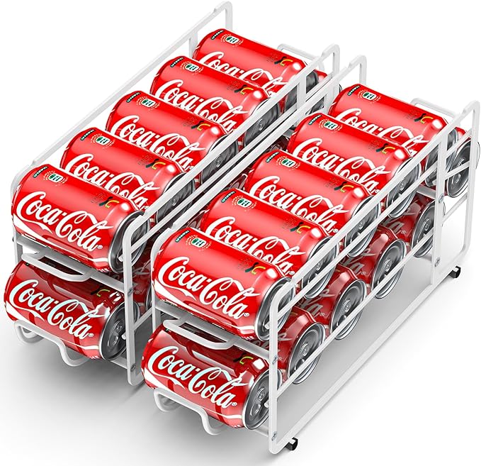 Soda Can Organizer Storage Rack, 2 Pack Stackable Beverage Soda Can Dispenser Organizer Holder for Refrigerator, Cabinet, Pantry (White)
