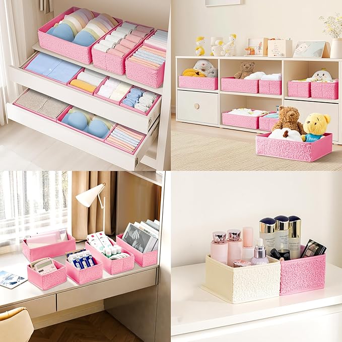 Drawer Organizer Clothes - 18 Pack Dresser Organizer for Nursery, Foldable Sock Underwear Organizer, Baby Drawer Organizer, Small Fabric Storage Bins for Dresser Drawer, Pink