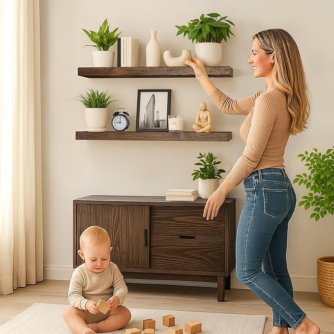 Distressed Floating Shelves 36 inch Long Set of 2,8 inch deep Solid Wood Wall Mounted Shelves for Living Room Kitchen,Book Shelf for Wall with Hidden Bracket- Distressed Black Walnut