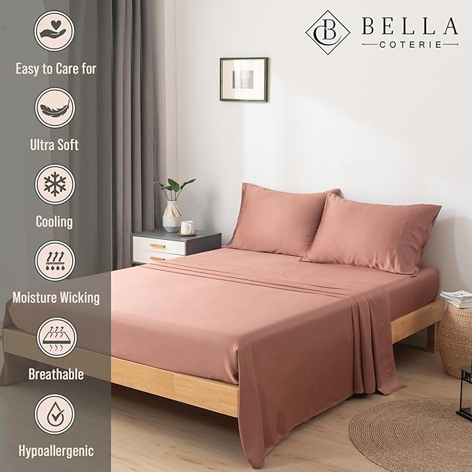 Bella Coterie Luxury Bamboo Viscose Split King Size Sheet Set | 100% Organically Grown | Ultra Soft | Cooling for Hot Sleepers | 18" Deep Pocket [Raisin]