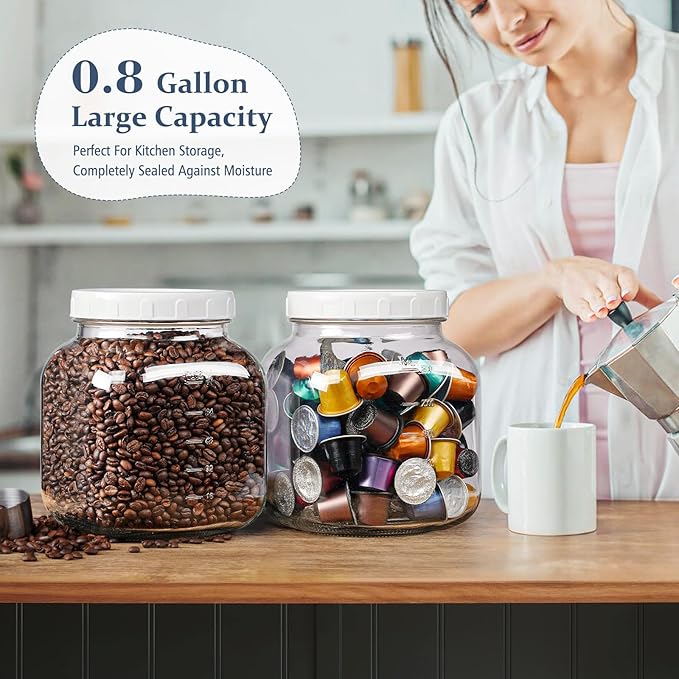 2 Pack 0.8 Gallon Glass Jar With Lid, 102 Oz Wide Mouth Mason Jars, Clear Glass Storage Jars With 2 Scale Marks, Canning Jars For Pickling, Rice, Sugar, Flour, Pasta