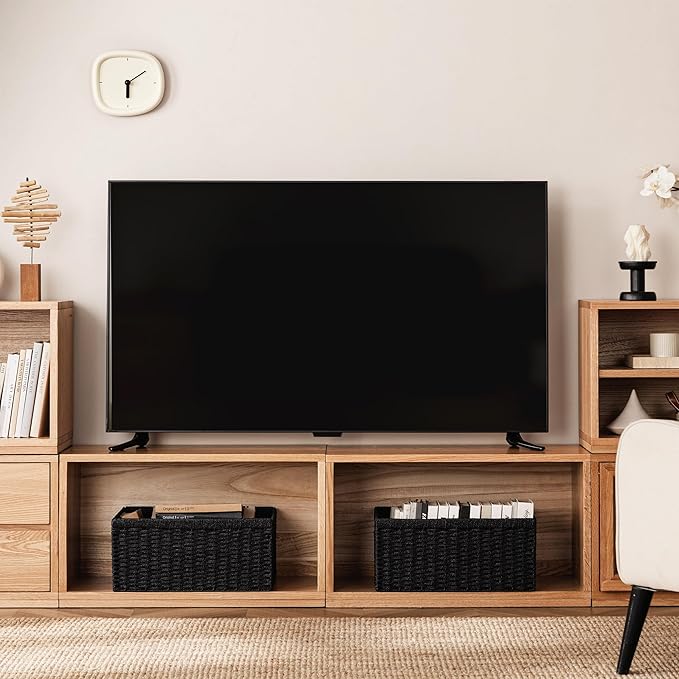 UBBCARE 4 Pack Wicker Basket, 13.4L×8.3H×7.1W inch Woven Paper Rope Storage Baskets for shelves, Foldable Rectangular Storage Baskets with Handle, Storage Basket for Organizing, Black