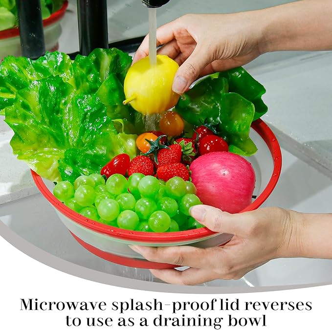 10.7 Inch Microwave Food Cover with Heat Insulation Mat, Anti-Scald Collapsible Microwave Splatter Cover, Multi-Functional as Colander & Fruit Plate, Dishwasher Safe, Ideal for Meal Prep (Red)
