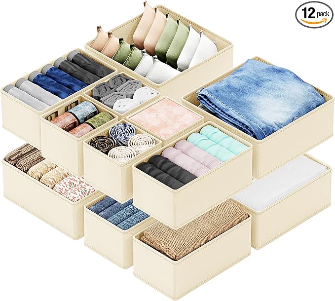 SpaceAid Drawer Organizer Clothes, 12 Pack Dresser Organizer Bins for Nursery, Closet Organization and Storage Dividers for Clothing, Baby Clothes, Underwears, Socks (Beige)