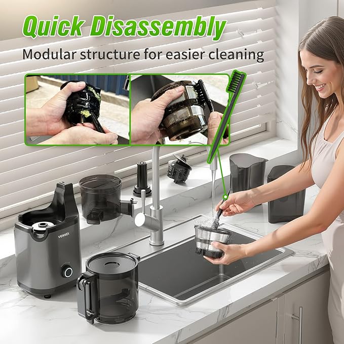 VENNXE Cold Press Juicer, Masticating Juicer with 5.7" Large Feed Chute for Whole Vegetables and Fruits, Dual Auger Juice Extractor Machines for High Juice Yield, Easy to Clean and Assemble, Black