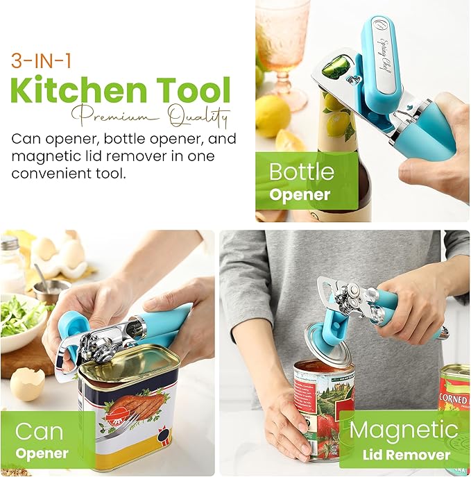 Spring Chef Stainless Steel Can Opener - Manual with Soft Grip Handles, Easy Turn, Heavy Duty Hand Can Openers for Seniors with Smooth Edge - Magnetic Lid Remover - Aqua Sky