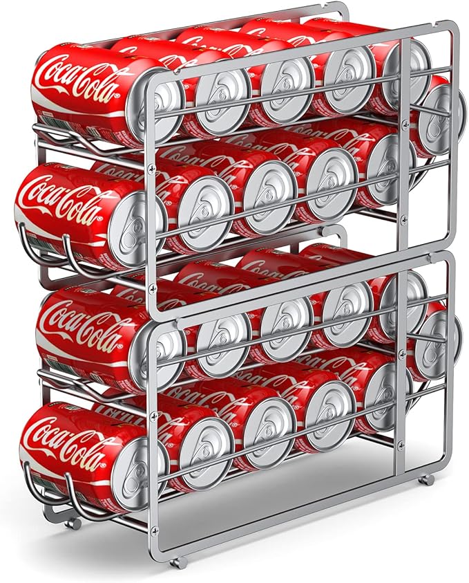Soda Can Organizer Storage Rack, 2 Pack Stackable Beverage Soda Can Dispenser Organizer Holder for Refrigerator, Cabinet, Pantry (Silver)