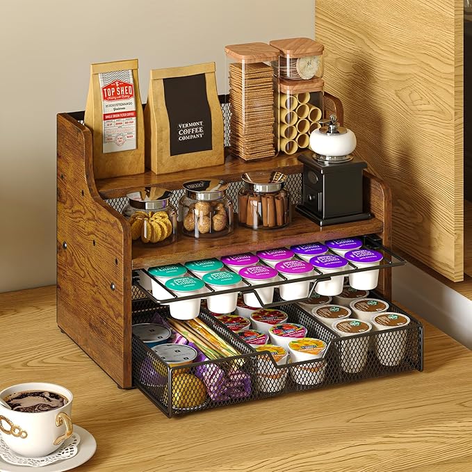 Coffee Pod Holder with Drawer & Dividers, 4-Tier Wood K Cup Organizer for Countertop, Coffee Bar Organizer Storage Box, Coffee Station Organizer for Kitchen Coffee Station