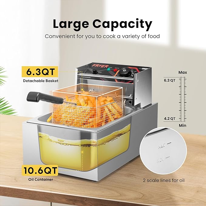 VIVOHOME 2500W 10.6 QT Electric Deep Fryer with 6.3 QT Removable Basket, Temperature Adjustable 140-392℉