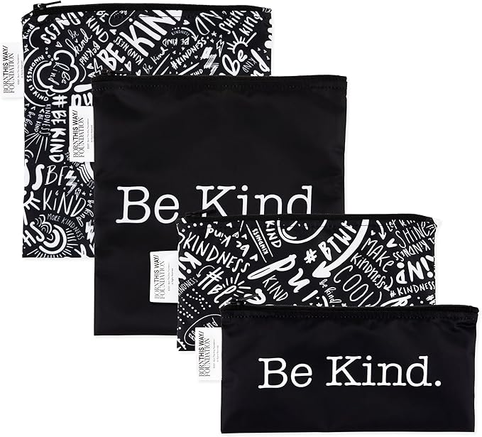 Bumkins - Cloth Snack & Sandwich Bags - For Storage, Travel, Food Prep, Lunch - Reusable, Water Resistant, Washable, Dishwasher Safe - Snack Bags for Kids - Zipper Closure - BTWF Be Kind - 4 Pack