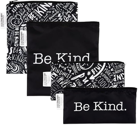 Bumkins - Cloth Snack & Sandwich Bags - For Storage, Travel, Food Prep, Lunch - Reusable, Water Resistant, Washable, Dishwasher Safe - Snack Bags for Kids - Zipper Closure - BTWF Be Kind - 4 Pack