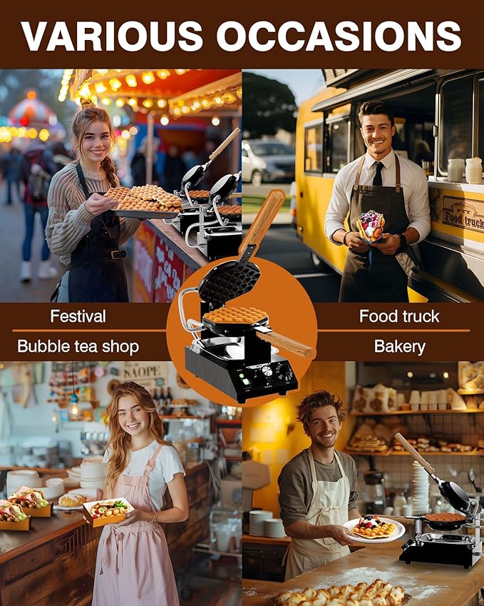 PYY Bubble Waffle Maker – 180° Rotating, Non-Stick Coating, Wooden Handle & Crumb Tray, Hong Kong Round Cones, 1500W Commercial Egg Puff Waffle Iron, 122-482℉ Electric Stainless Steel