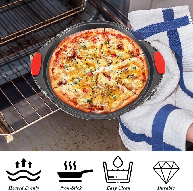 4 Pack Pizza Pan for Oven Round Pizza Pan with Holes & Handle Large Pizza Tray Set Metal Non Stick Pizza Plates Perforated Pizza Baking Sheet Carbon Steel Personal Platter for Grilling Cooking