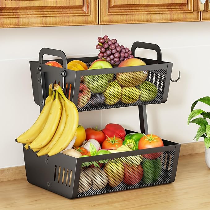Fruit Basket Bowls For Kitchen Counter with Banana Hangers - Detachable Metal Fruit Stand with Handle - Kitchen Vegetables Bread Snacks Storage Organization, 2 Tier Black