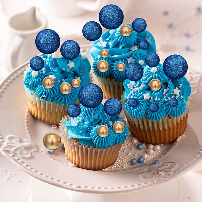 108 Pcs Balls Cake Topper DIY Cupcake Insert Foam Balloons for Cake Baking Wedding Anniversary Birthday Decoration(Bright Blue, Gold,Multi Sizes)