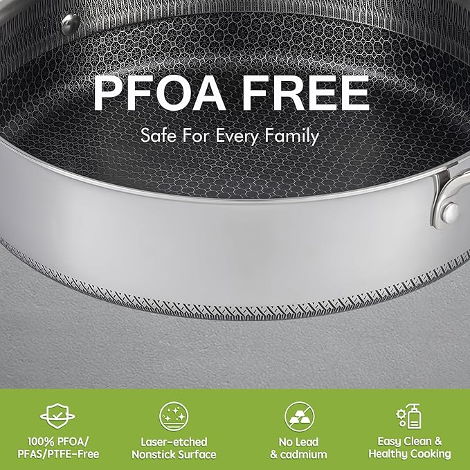 Saute Pan,Stainless Steel Frying Pan, 12 inch 5.5 QT Tri-play Nonstick Non-toxic Deep Frying Pan with Tempered Glass Lid, Stay-Cool Handles Induction, Oven, Dishwasher