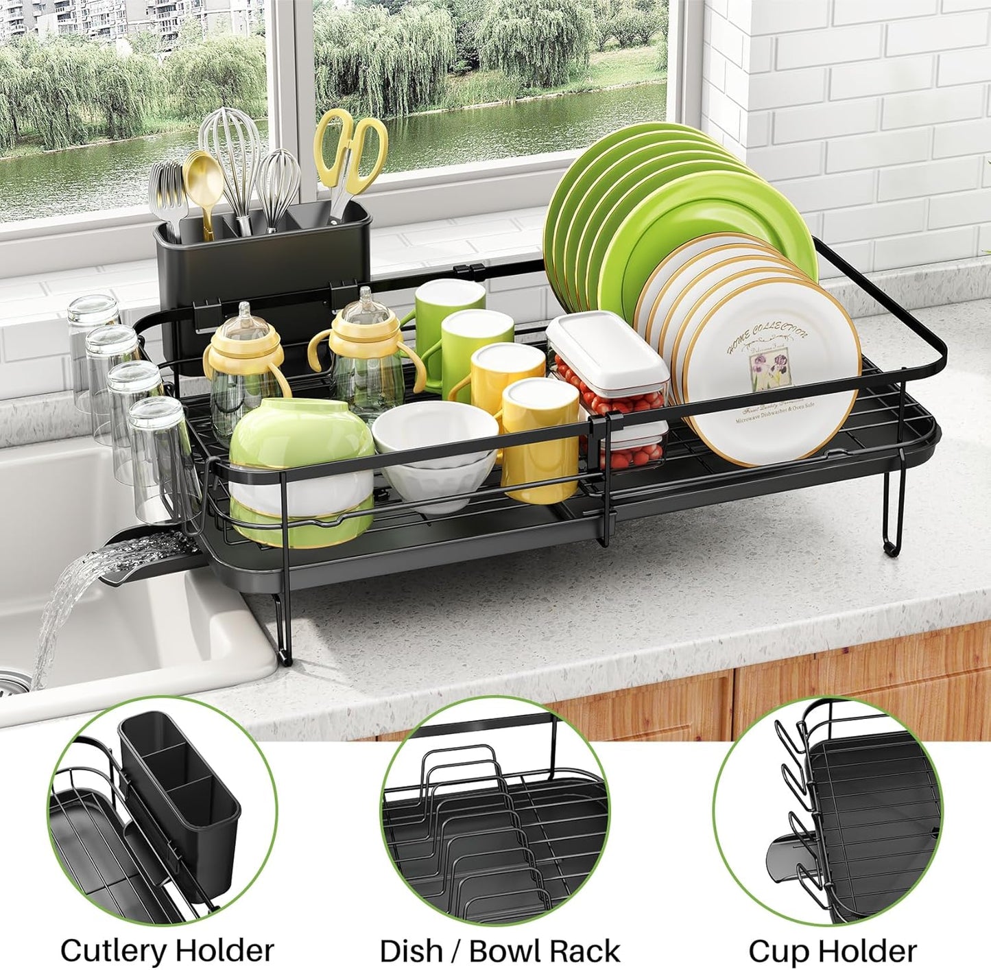 SNTD Dish Drying Rack, Expandable Dish Rack for Kitchen Counter, Metal Dish Drainer with Utensil & Cup Holder 13.8"-22.6" L x 12.1" W (Black)