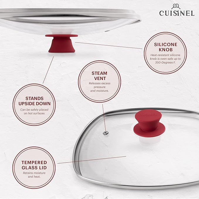 Cuisinel Square Glass Lid for Grill Pans with Steam Vent Hole - 10.5"-inch/26.67cm - Fits Lodge Cast Iron - Fully Assembled Universal Replacement Cover - Tempered and Oven Safe - Reinforced Stainless