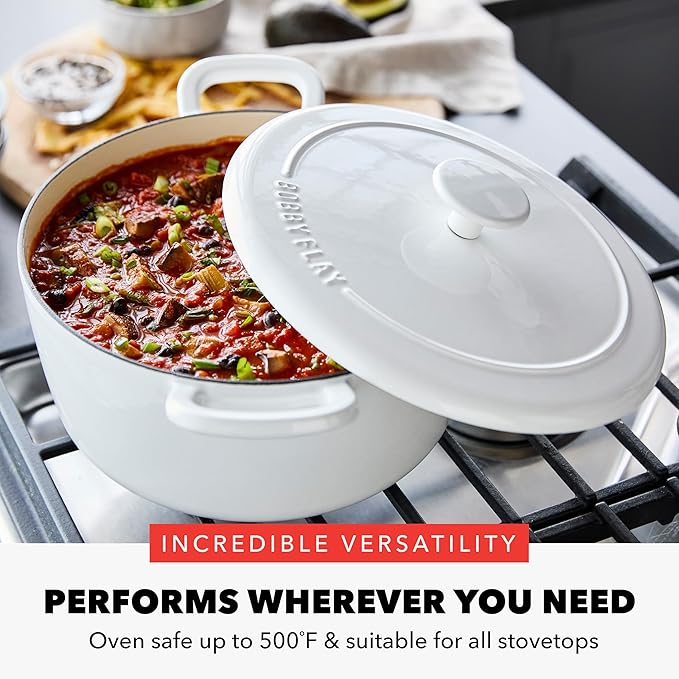 GreenPan x Bobby Flay 5.5QT Enameled Cast Iron Round Dutch Oven with Lid, Dual Handles, Oven Safe to 500F & Induction Suitable, Self Basting Lid, Ultra-Durable, Sear, Braising, Bread, Stews, Ivory