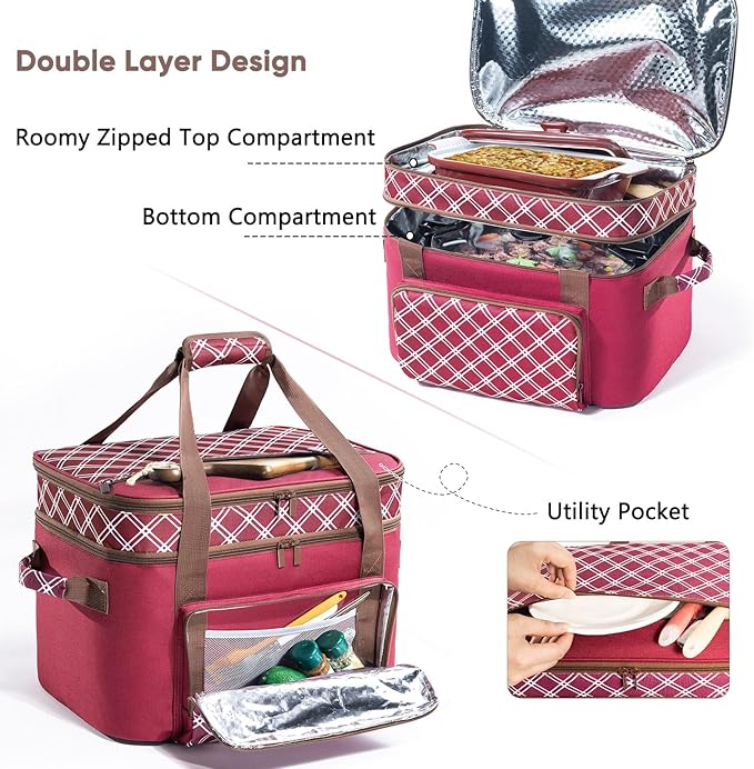 Double Layer Slow Cooker Carrier Bag – Fits 6–8 Qt Oval Slow Cooker Compatible with CrockPot & Hamilton Beach | Insulated Travel Tote with Utensil Storage & Adjustable Straps