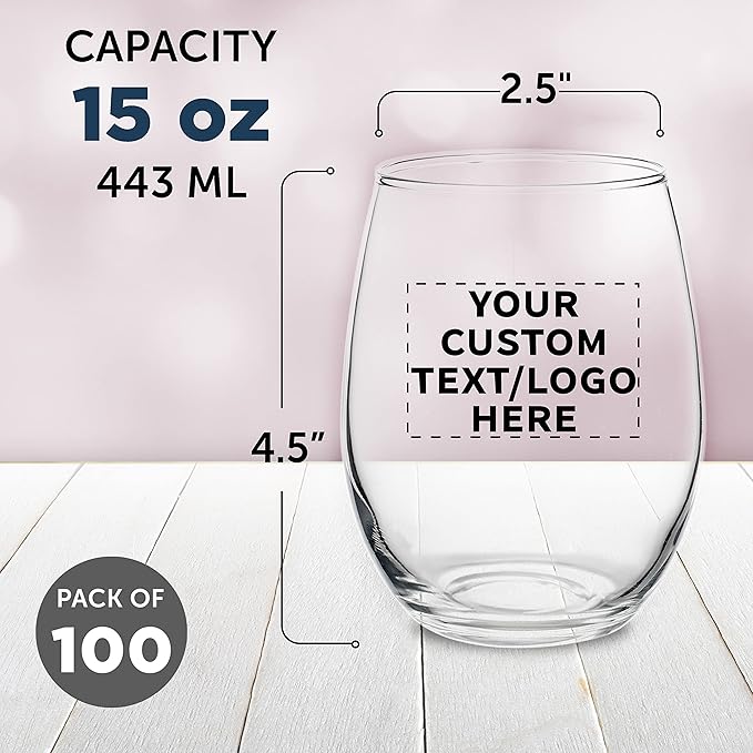 Custom Stemless Wine Glasses by ARC Perfection 15 oz. Set of 100, Personalized Bulk Pack - Restaurant Glassware, Perfect for Red Wine, White Wine, Cocktails - Clear