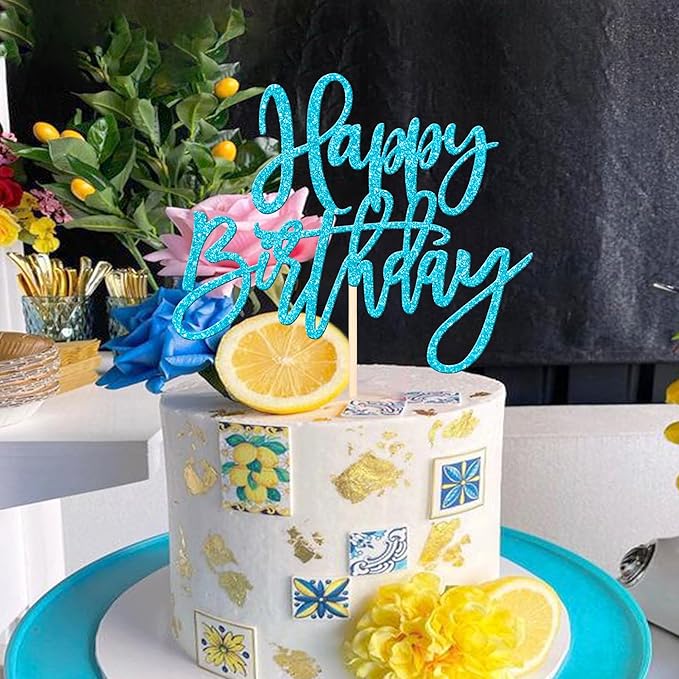 ZHUOWEISM 1 PCS Happy Birthday Cake Topper Glitter Happy Birthday Cake Pick for Celebrating Happy Birthday Anniversary Theme Party Cake Decorations Supplies Light Blue