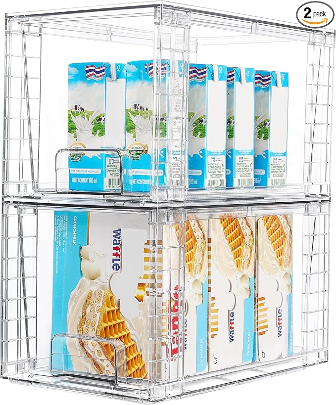 Vtopmart 2Pack Large Stackable Kitchen Pantry Storage Drawers, Clear Organizer Bins with Handles, Acrylic Drawer Organizers for Kitchen Pantry, Bathroom Undersink, Cabinet Organization and Storage