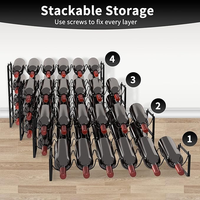 TONLEA 4-Tier Wine Rack - 3-in-1, Stackable, 24-Bottle Wine Storage Rack for Cabinet or Pantry (Dark Black, Version 3.0)