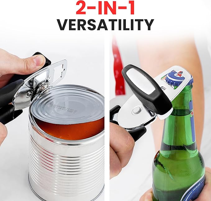 Zulay Kitchen Heavy Duty Stainless Steel Manual Can Opener – Ergonomic Soft Grip Handles, Smooth Edge Cutting Wheel & Large Built In Bottle Opener – Easy Turn Knob for Effortless Use - Black